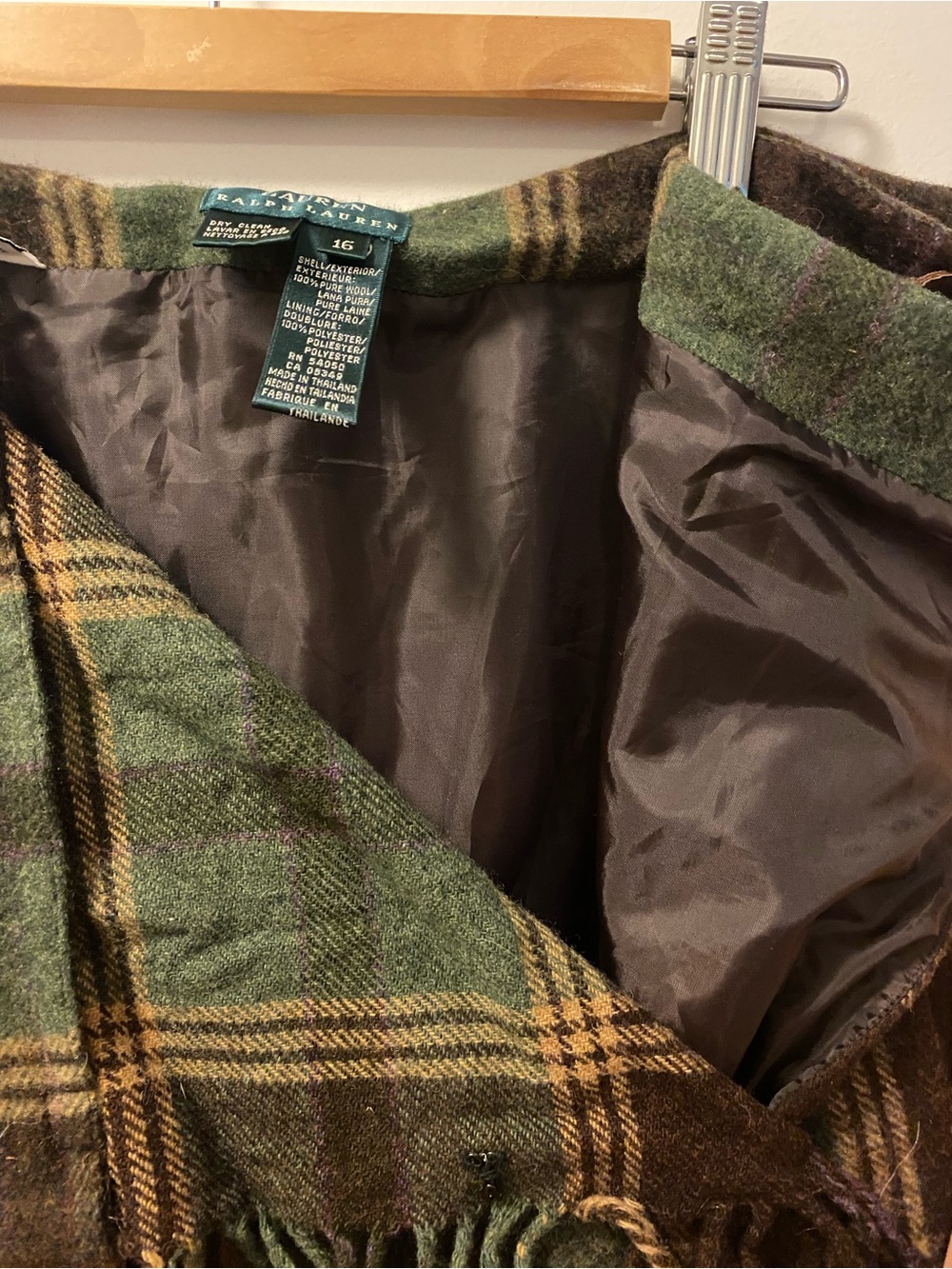 Lauren Ralph Lauren Green and Brown Plaid Maxi Wrap Skirt 100% wool lined - Picture 5 of 6
